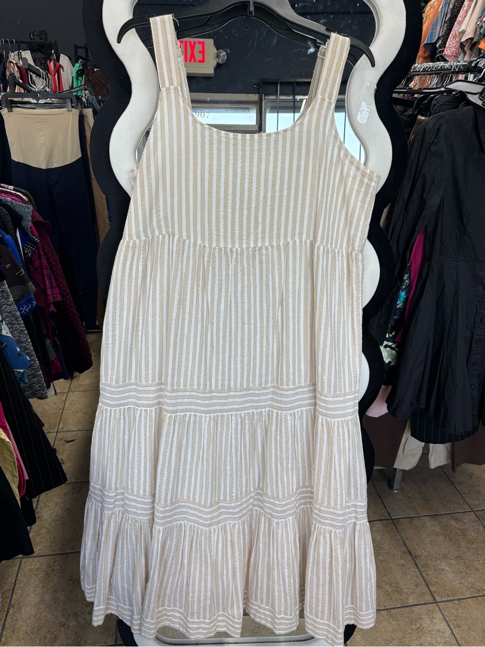 Linda Anderson Striped Tiered Maxi Dress in Beige gold and White